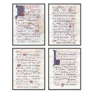 Printable Download Illuminated Music Manuscript Pages Set of 4 Antiphonal Latin Chants Medieval Church Choir Print & Frame Poster Wall Art