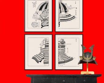 Impressions d'armures de samouraï japonais, casque de guerrier antique (téléchargement numérique)