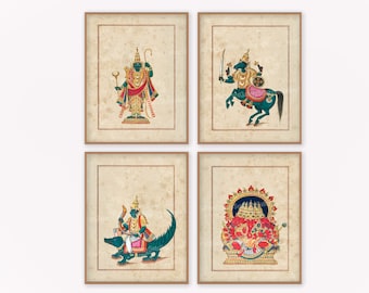 May include: Four framed art prints showcasing colourful illustrations of Hindu deities. Each print has a beige background with a brown border and a gold frame. The artwork depicts various gods and goddesses in vibrant colours and intricate detail.
