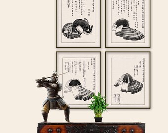 Impressions de casque de samouraï japonais armure antique homme des cavernes en téléchargement numérique 19e siècle Japon armure antique Design art mural imprimable asiatique