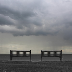 Two benches Tankerton Kent Rain storm North Kent coast sea clouds water Mounted photography print