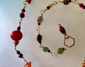 bohemian necklace, red bead necklace, one of a kind, wire wrapped beaded necklace,fall color necklace, stone bead, glass bead necklace, bead