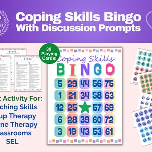 Coping Skills Bingo Therapy Game | 75 Discussion Prompts for Clients, SEL | Great for Teens, Therapy Groups, In-person and Virtual Therapy!