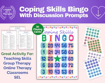 Coping Skills Bingo Therapy Game: SEL Discussion Prompts (PDF Download), for Teens, Groups, Virtual or In-Person Sessions, Print or Share