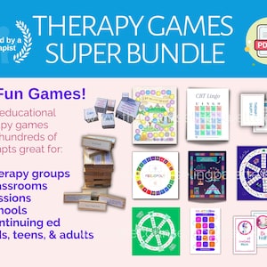 May include: A colorful digital download of 11 therapy games for groups, classrooms, sessions, schools, continuing education, kids, teens, and adults. The games are designed to be fun and educational, with hundreds of prompts. The games are available in PDF format. The text on the image reads "Therapy Games Super Bundle" and "11 Fun Games!"