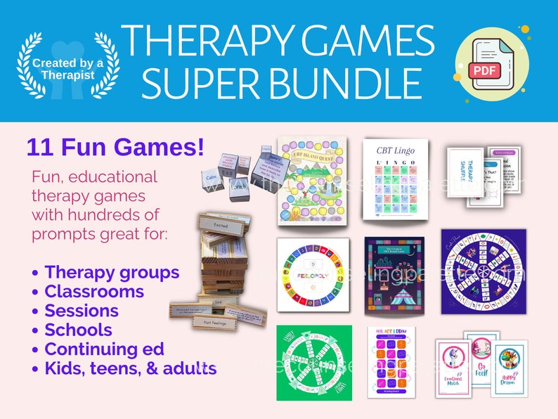 May include: A colorful digital download of 11 therapy games for groups, classrooms, sessions, schools, continuing education, kids, teens, and adults. The games are designed to be fun and educational, with hundreds of prompts. The games are available in PDF format. The text on the image reads "Therapy Games Super Bundle" and "11 Fun Games!"