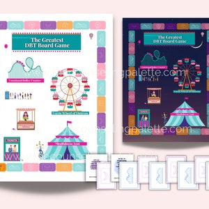 May include: A printable board game designed to help people learn about and practice Dialectical Behavior Therapy (DBT). The game features a colorful carnival theme with illustrations of a roller coaster, Ferris wheel, and a tent. The text on the game board reads "The Greatest DBT Board Game".