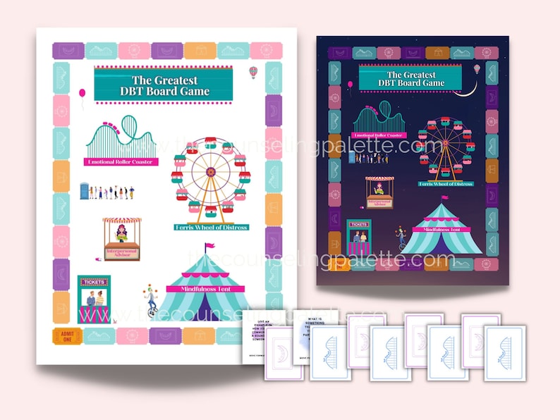 May include: A printable board game designed to help people learn about and practice Dialectical Behavior Therapy (DBT). The game features a colorful carnival theme with illustrations of a roller coaster, Ferris wheel, and a tent. The text on the game board reads "The Greatest DBT Board Game".