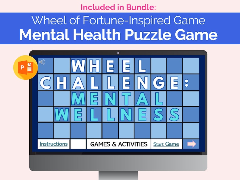 May include: A computer screen displaying a Wheel of Fortune-inspired game called "Mental Wellness Challenge". The game is designed to help people learn about mental health. The game is in PowerPoint format.