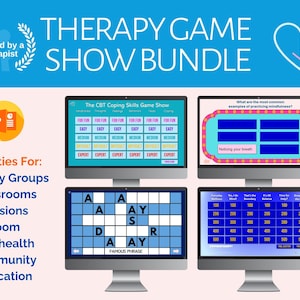 Puede incluir: Una descarga digital de un paquete de juegos de programa de terapia para usar en grupos de terapia, aulas, sesiones, zoom, telesalud, comunidad y educación. El paquete incluye juegos como "The CBT Coping Skills Game Show", "¿Cuáles son los ejemplos más comunes de practicar la atención plena?" y "Frase famosa".