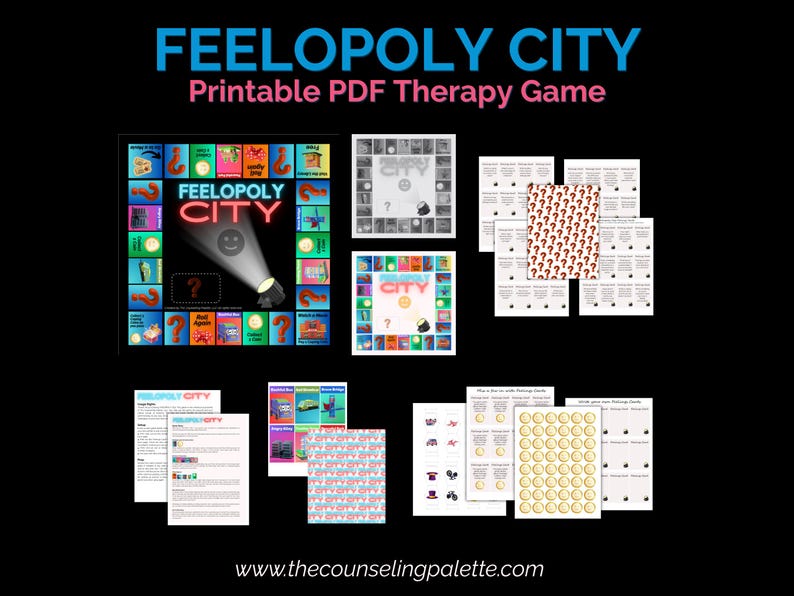 Może przedstawiać: Materiały do druku gry terapeutycznej w formacie PDF z tytułem "FEELOPOLY CITY" w kolorze niebieskim i r&oacute;żowym. Plansza do gry zawiera kolorowe kwadraty i znaki zapytania. Zawiera karty i pionki.