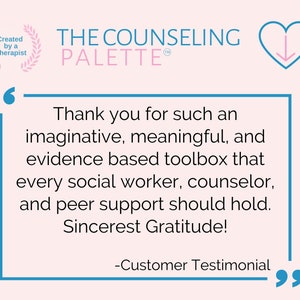 Może przedstawiać: Jasnor&oacute;żowa grafika z tekstem "THE COUNSELING PALETTE" i opinią klienta. Opinia znajduje się w niebieskim polu i zawiera frazę "Dziękuję za tak pomysłowe, znaczące i oparte na dowodach narzędzie".