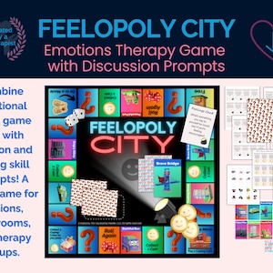 Może przedstawiać: Gra planszowa "FEELOPOLY CITY" do terapii emocji, z planszą, kostkami i kartami. Gra łączy tradycyjną rozgrywkę planszową z emocjami i umiejętnościami radzenia sobie. Do sesji, klas i grup terapeutycznych.