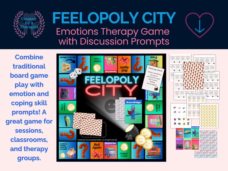 Może przedstawiać: Gra planszowa "FEELOPOLY CITY" do terapii emocji, z planszą, kostkami i kartami. Gra łączy tradycyjną rozgrywkę planszową z emocjami i umiejętnościami radzenia sobie. Do sesji, klas i grup terapeutycznych.