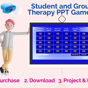 May include: A blue screen with a game board showing the words "Everyday Wellness", "Yes, I do Mind!" , "That's the Boundary", "It's All Relative", "Time for Help?", and "Dreams and the Future".  The game board has six columns and six rows with the numbers 100, 200, 300, 400, and 500 in each column.  The screen also has two buttons that say "Final Question" and "Finish Game".  A 3D cartoon character is pointing to the screen.