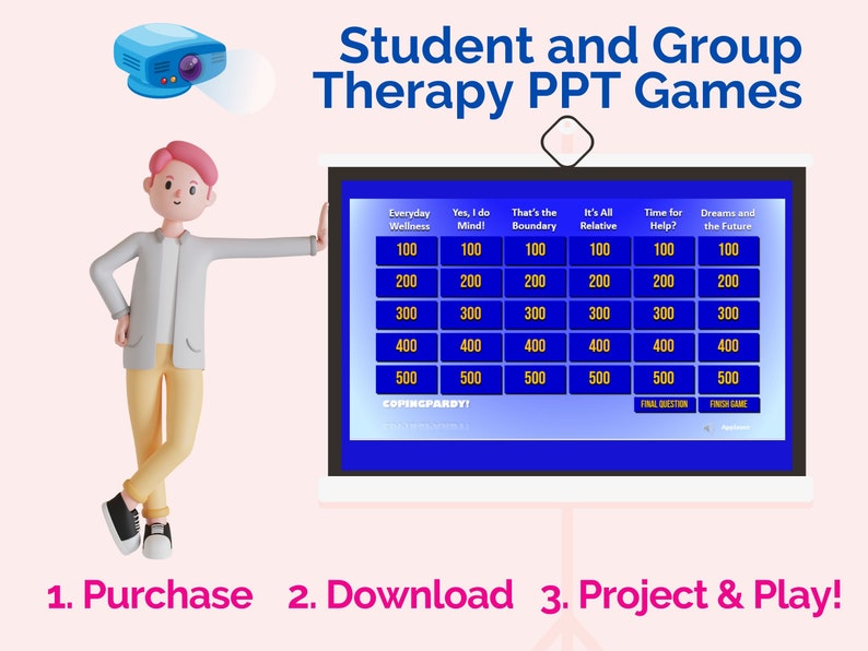 May include: A blue screen with a game board showing the words "Everyday Wellness", "Yes, I do Mind!" , "That's the Boundary", "It's All Relative", "Time for Help?", and "Dreams and the Future".  The game board has six columns and six rows with the numbers 100, 200, 300, 400, and 500 in each column.  The screen also has two buttons that say "Final Question" and "Finish Game".  A 3D cartoon character is pointing to the screen.