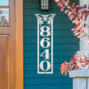 Metal Address Sign, Vertical House Numbers Plaque with Detailed Butterfly, Mailbox Post Home Marker, Business Wall Decor, Front Porch HOA
