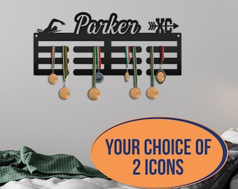 Medal Hanger for 2 Sports - Personalized Name Plate - Wall-Mounted Organizer - Dual Sports Customized Gift - Athletic Children's Home Decor