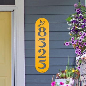 Address Sign, Metal Hummingbird House Number Display, Home Street Number Plaque, Gift for The Bird Watcher, Outdoor Mailbox Post Marker Yellow