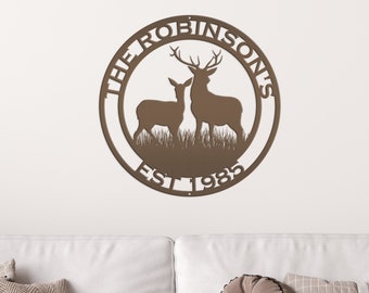 Deer Ranch Family Name Sign- Outdoor Deer Scene Metal Art- Personalized ...