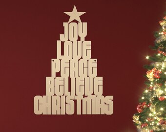 Metal Christmas Tree Sign, Joy, Love, Peace