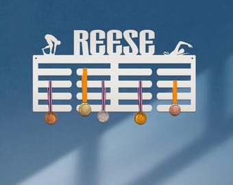 Medal Holder, Custom Awards Wall Decor for Swim Team, Metal Name Display Sign, Sports Gift, Personalized Award Rack, Boys or Girls Sports