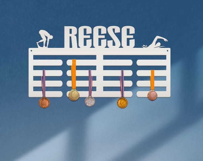 Medal Holder, Custom Awards Wall Decor for Swim Team, Metal Name Display Sign, Sports Gift, Personalized Award Rack, Boys or Girls Sports