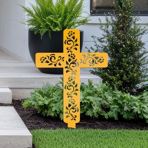 Cross for Front Yard or Garden, Metal Scrolled Cross, Christian Easter Decor