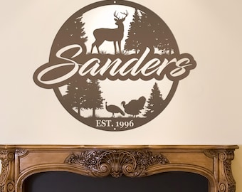 Metal Personalized Family Name  Sign with Deer and Turkey Outdoor Scene