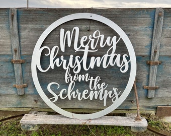 Merry Christmas Sign, Custom Metal Family Last Name Greeting Art, Unique Gift Idea, Rustic Indoor Outdoor Home Decor, Holiday Wreath Hanger