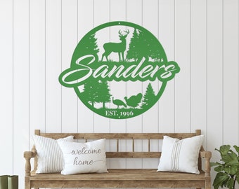 Metal Personalized Family Name  Sign with Deer and Turkey Outdoor Scene