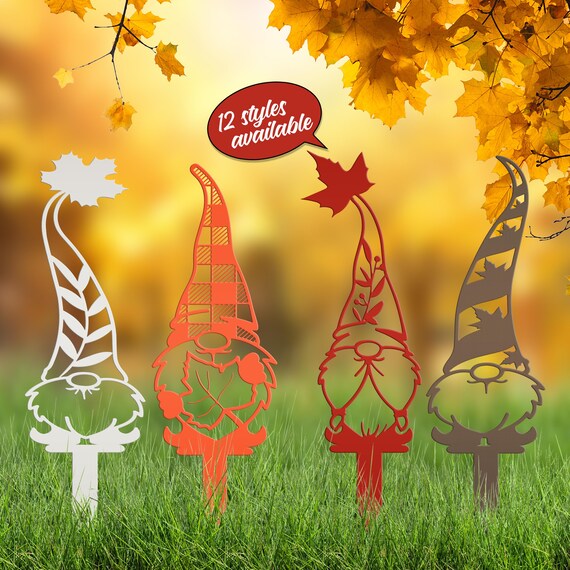 Garden Gnomes for Fall, Metal Decorative Yard Stakes, Whimsical Autumn Outdoor Decor, Cute Seasonal Flower Bed Display, Detailed Laser Cut