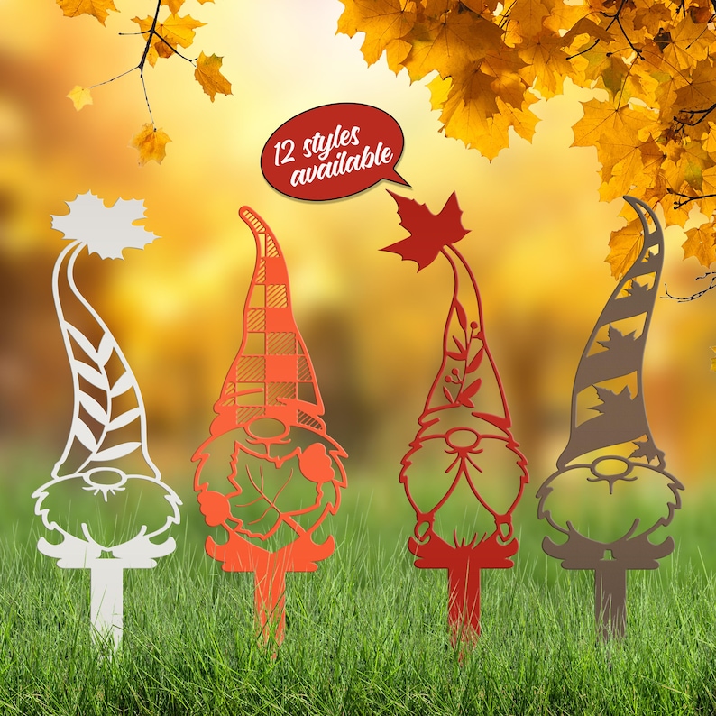 May include: Four metal garden gnomes in various colors and designs, including white, orange plaid, red, and brown. Each gnome has a stake for easy placement in the yard. The image includes the text "12 styles available".