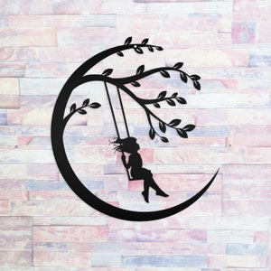 Moon Sign with Swinging Child-Metal Child on a swing sign