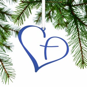 Metal Heart Cross Ornament, Christian Holiday Decor, Gift topper Blue