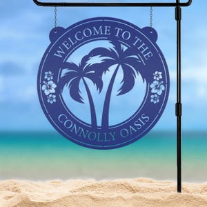Palm Tree Hanging Pool or Patio Sign - Rental Property Address Sign- Tropical Decor - Housewarming Gift - Anniversary Gift -Porch Home Decor Navy