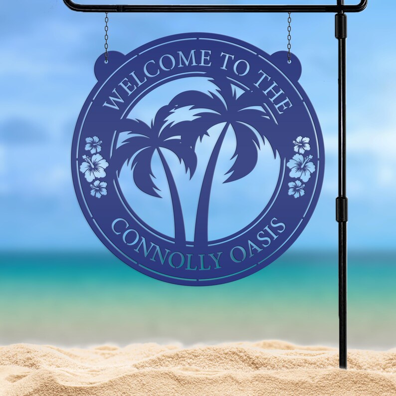 Palm Tree Hanging Pool or Patio Sign - Rental Property Address Sign- Tropical Decor - Housewarming Gift - Anniversary Gift -Porch Home Decor Navy