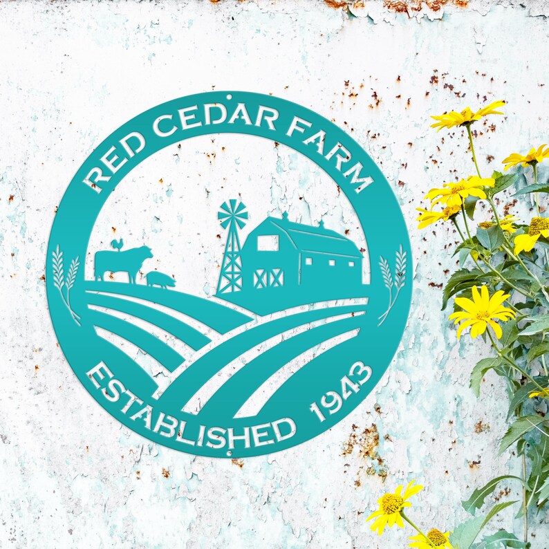 Round Custom Farm Sign With Established Date Metal Sign Teal
