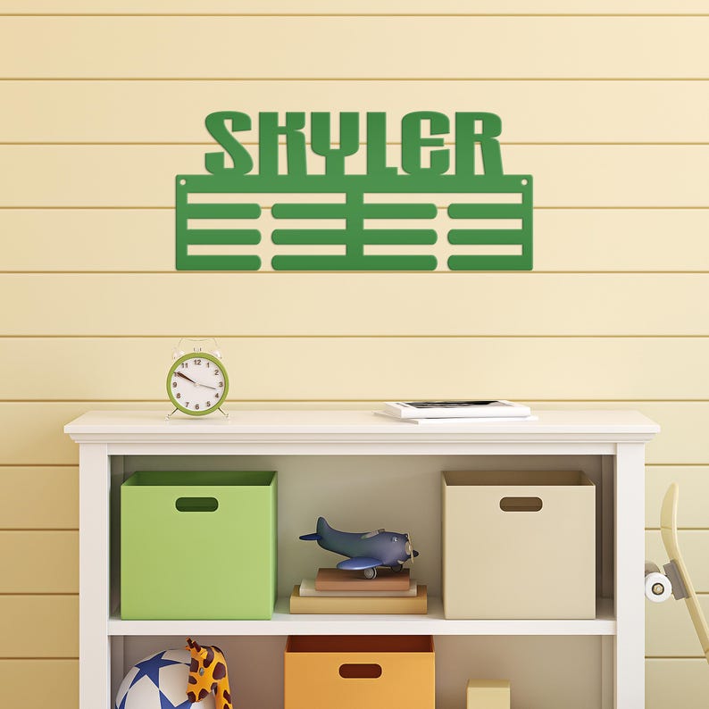 Medal Award Hanging Rack, Custon Sport Metal Ribbon Wall Display, Unique Gift Idea, Personalized Medal Holder, Birthday or Christmas Present Green