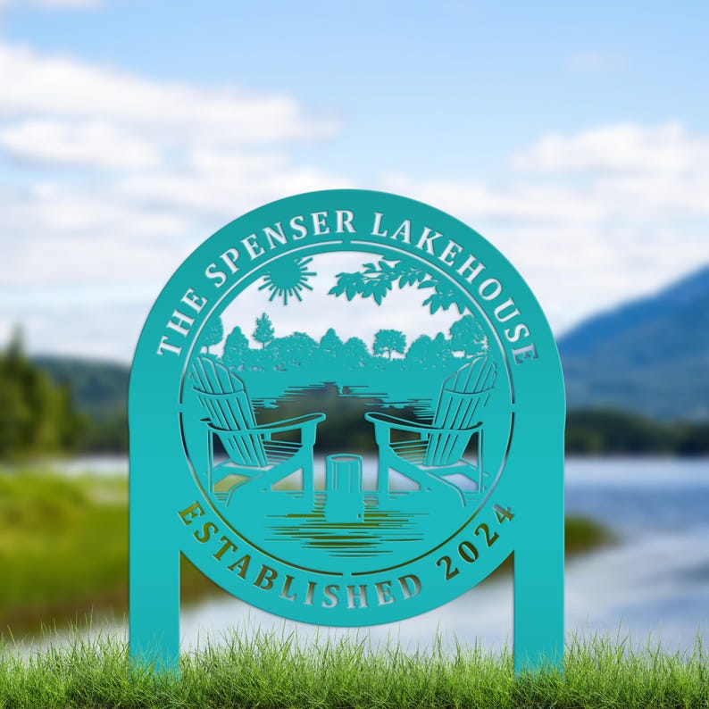 Custom Metal Lake Sign, Lake House Address Plaque, Personalized Outdoor Cabin Sign, Lake Decor, USA Made Lake House Gift Teal