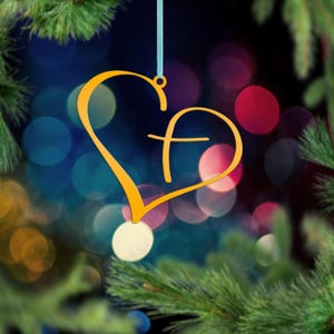 Metal Heart Cross Ornament, Christian Holiday Decor, Gift topper Yellow