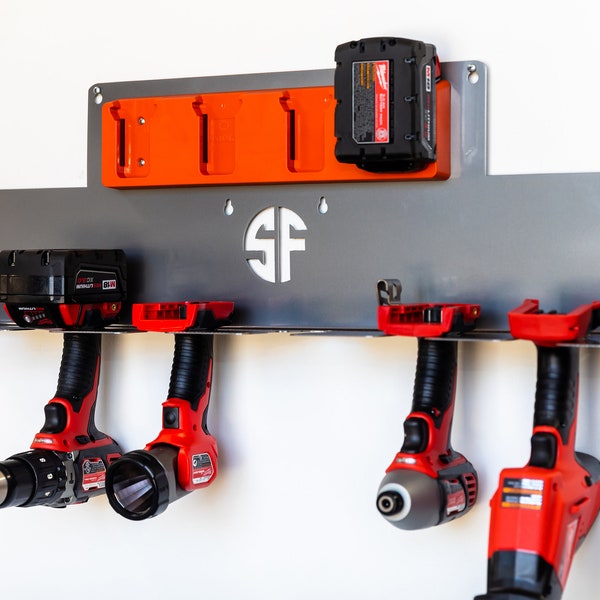 Tool Rack with Battery Storage - Metal Tool Organization for the Home or Business