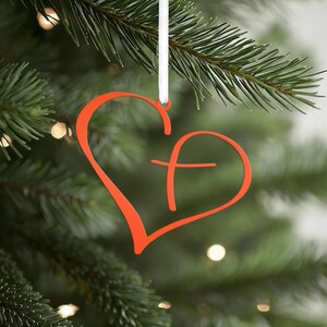 Metal Heart Cross Ornament, Christian Holiday Decor, Gift topper Orange