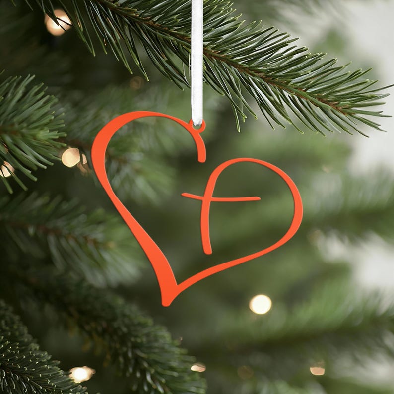 Metal Heart Cross Ornament, Christian Holiday Decor, Gift topper Orange