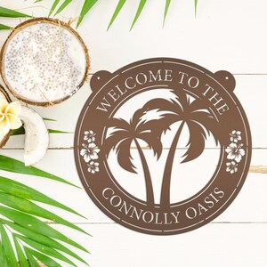 Palm Tree Hanging Pool or Patio Sign - Rental Property Address Sign- Tropical Decor - Housewarming Gift - Anniversary Gift -Porch Home Decor Oil Rubbed Bronze