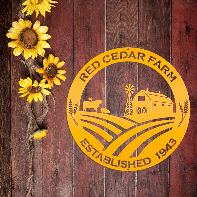 Round Custom Farm Sign With Established Date Metal Sign Yellow