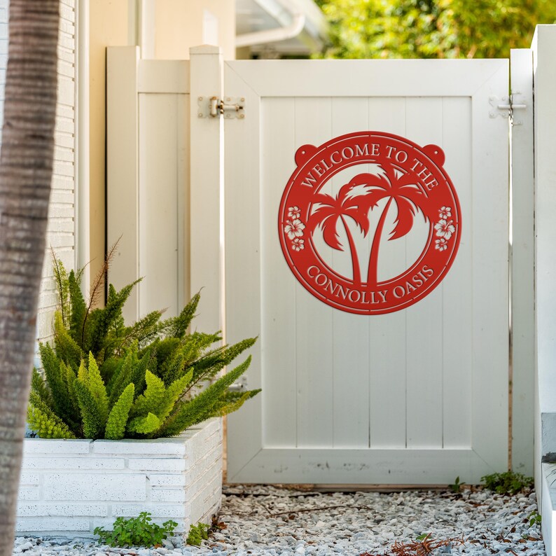 Palm Tree Hanging Pool or Patio Sign - Rental Property Address Sign- Tropical Decor - Housewarming Gift - Anniversary Gift -Porch Home Decor Red
