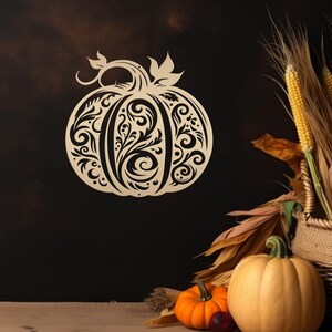 Decorative Scroll Pumpkin Metal Sign - Fall Harvest Decor - Indoor/Outdoor Autumn Pumpkin Signs - Thanksgiving Wall Art - Front Door Decor Gold