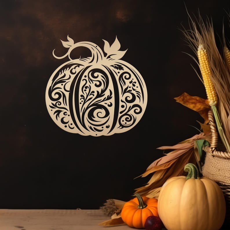 Decorative Scroll Pumpkin Metal Sign - Fall Harvest Decor - Indoor/Outdoor Autumn Pumpkin Signs - Thanksgiving Wall Art - Front Door Decor Gold