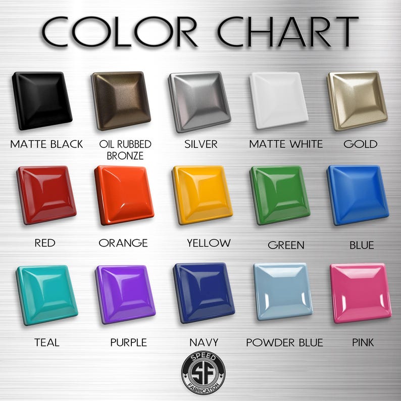 The image is a color chart displaying various paint colors, including matte black, oil-rubbed bronze, silver, matte white, gold, matte black, bronze, silver, white, gold, red, orange, yellow, green, blue, teal, purple, navy, powder blue, pink, and teal.